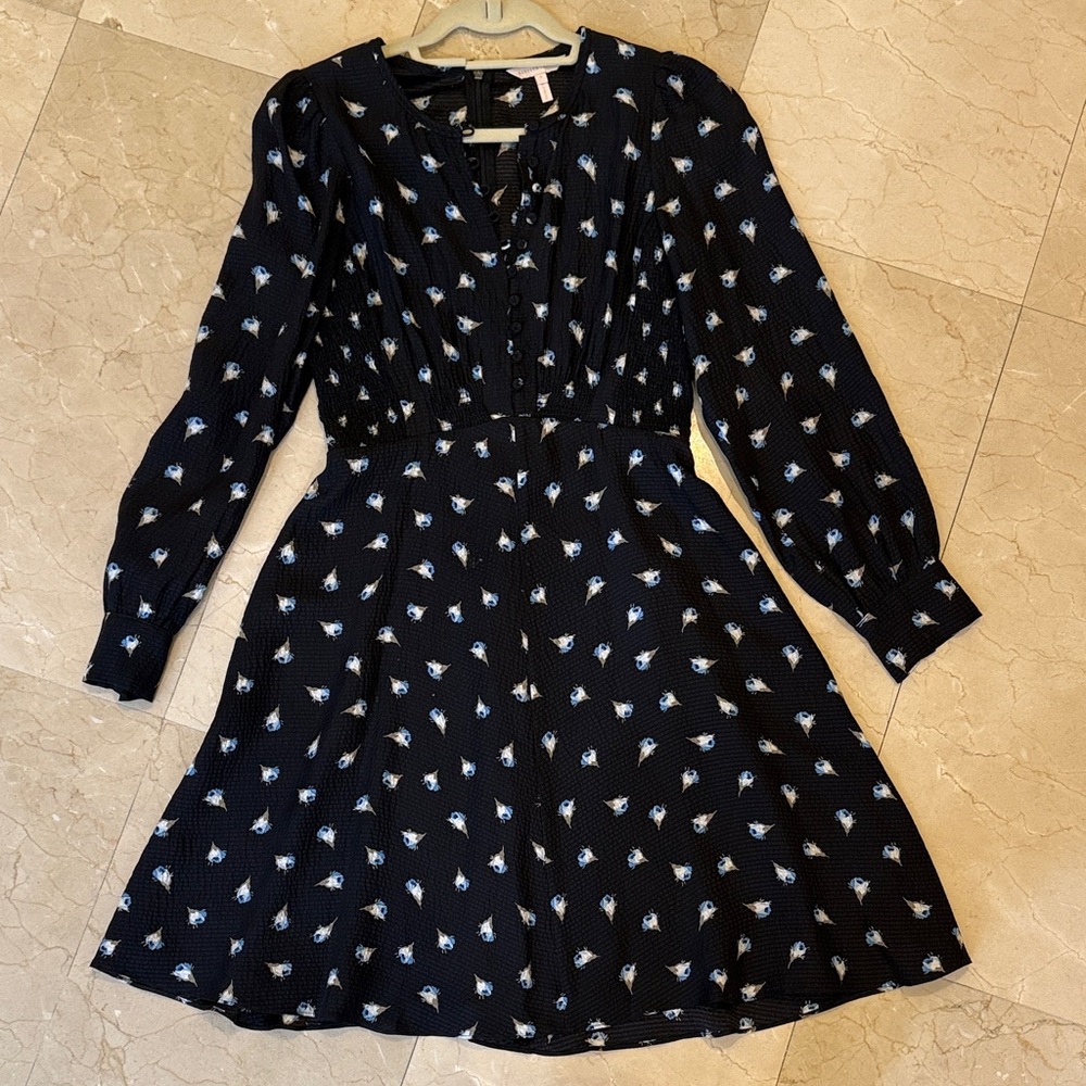 Rebecca Taylor Black Long-Sleeve Floral Fit-and-Flare Dress